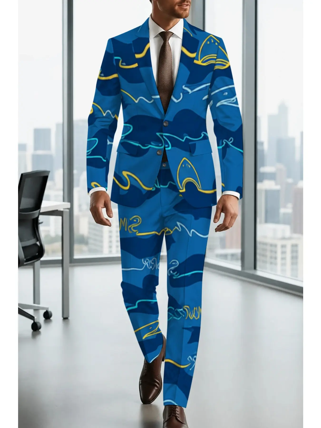 Men's Shark Wave Print Blazer Set, Cartoon Ocean Element Slim-Fit Suit, Casual Long Sleeve, Perfect for Vacation Parties