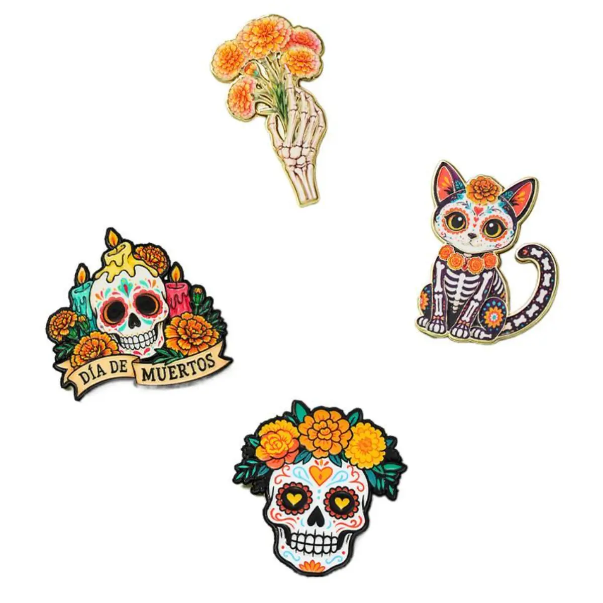 4 PCS Cute Sugar Skull Enamel Lapel Pins, Mexican Día de los Muertos Skeleton Cat Marigold Brooches, Gothic Halloween Clothing Backpack Decorative Badge