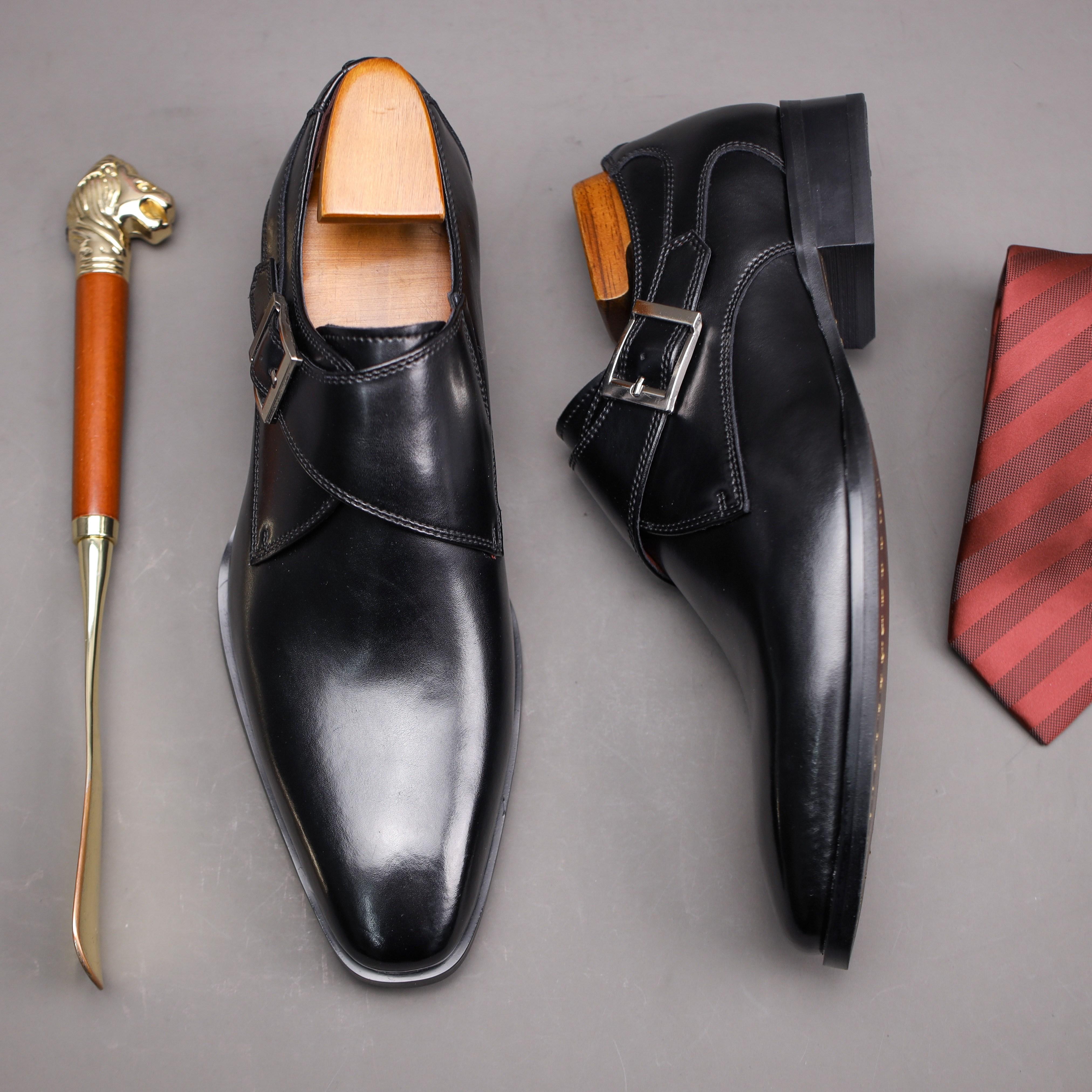 2025 Men's Genuine Leather Buckle Slip-On Formal Shoes - Brown Round Toe Casual Business Wedding Shoes, Suitable for Office and Daily Wear - Four Seasons Comfortable Rubber Sole