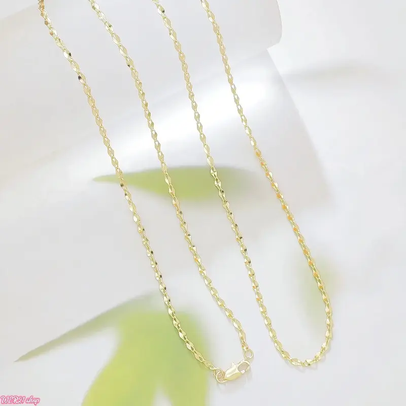 [WER21]14K Gold Plated Copper Lip Chain Necklace for Women, Diamond Cut Shiny Flat Sequin Link Dainty Adjustable Chain Necklace with Lobster Clasp, Minimalist Daily Wear Jewelry Gift