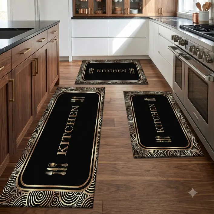 Vintage Spiral Border Polyester Kitchen Mat Set (2pcs/3pcs Multiple Sets) - Non-Slip, Absorbent, 'Kitchen'-Text Base for Kitchen Areas