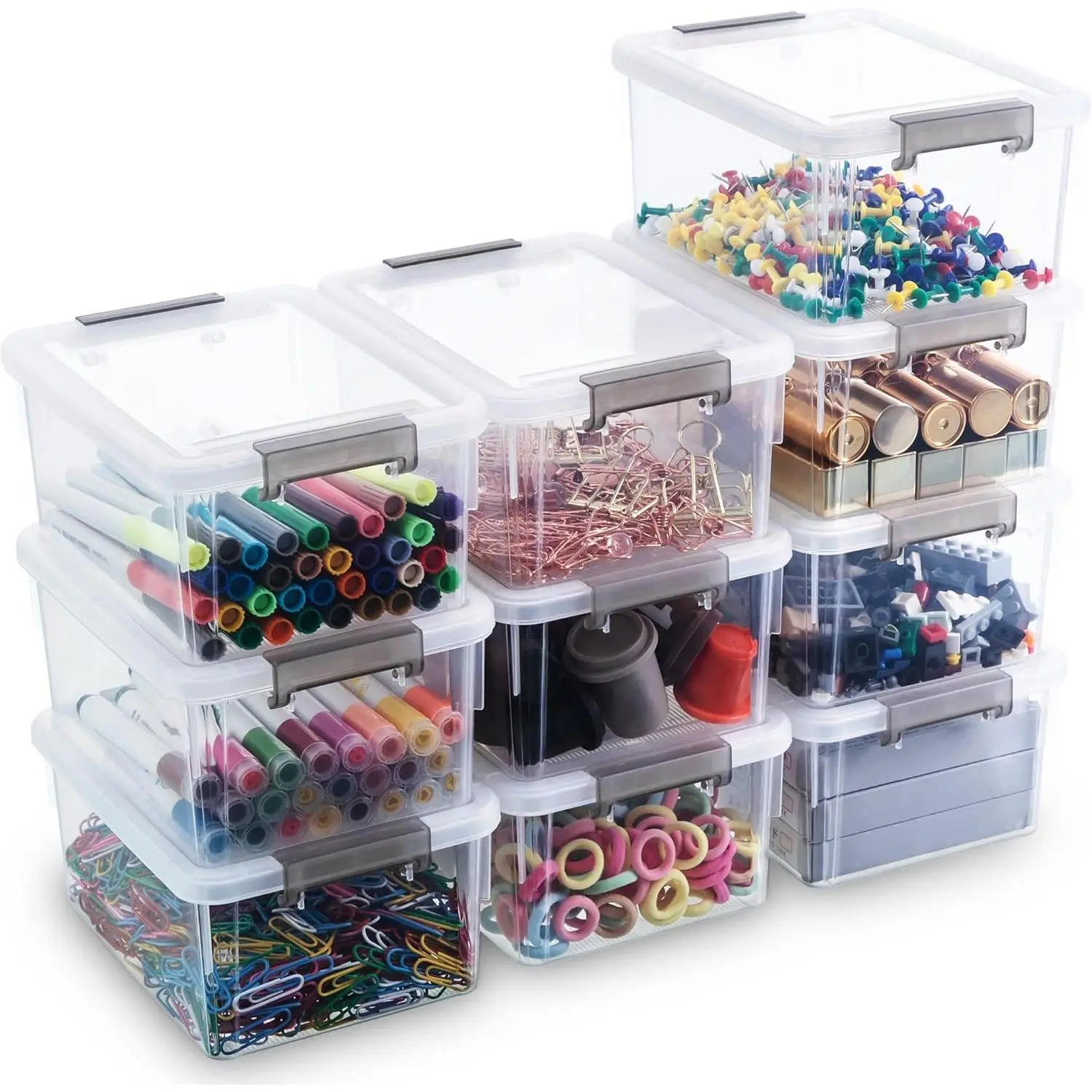 1.3 QT 10 Pack Small Plastic Storage Bins Stackable Storage Container Box with Lids for Organizing, Clear White
