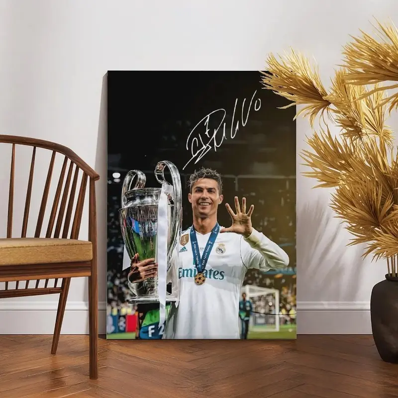 Cristiano Ronaldo & Champions League Trophy Scene  Signed Framed Canvas Wall Art Print - Minimalist Hanging Photo,Soccer Fan Office & Home Decor waterproof canvas wall art exquisite poster  bedroom dorm gaming room office classic print unique wall art