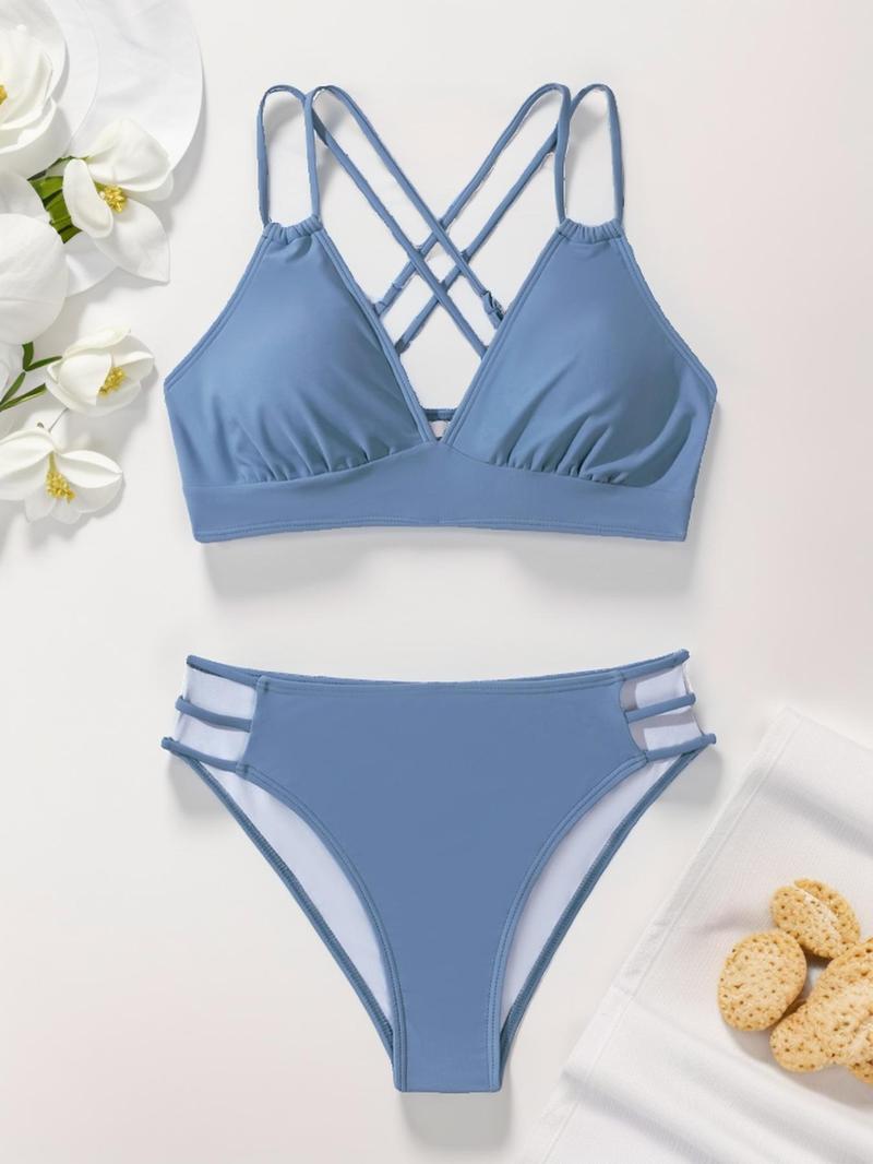 Women's Plain Cut Out Criss Cross Bikinis Set, Solid Double Strap Swim Top & High Waist Swim Bottom Swimsuit Set for Summer, Summer Outfits 2024, Women's Swimwear for Beach Holiday Women's Plain Cut Out Criss Cross Bikinis Set, Solid Double Strap Swim Top & High Waist Swim Bottom Swimsuit Set for Summer, Summer Outfits 2024, Women's Swimwear for Beach Holiday