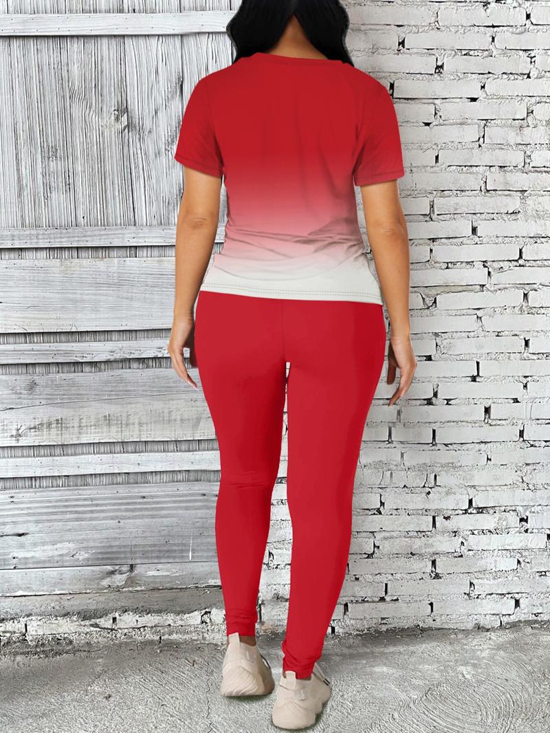 Women's Ombre Letter Print Short Sleeve Tee & Leggings Set, Casual Round Neck T-Shirt & Skinny Pants For Daily Wear, Ladies Two-Piece Outfits For All Seasons