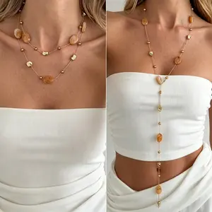 Viral Gold Tone Multi Way Convertible Necklace Amber Tone Marbled Resin Plunge Chain Baddie Aesthetic Main Character Energy Vacation Jewelry
