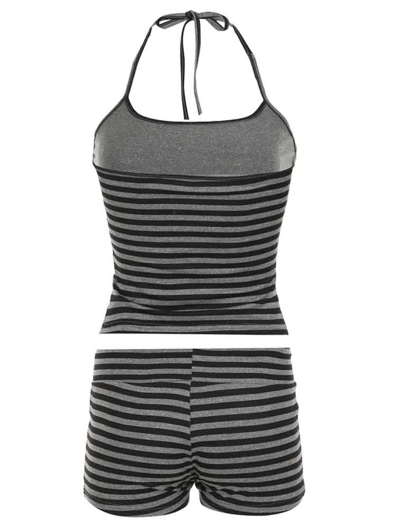 Women's Striped Print Halter Neck Tie Back Top & Shorts Two-piece Set, Casual Fashion Cozy Breathable Two Piece Outfits for Daily Wear, Ladies Clothes for All Seasons