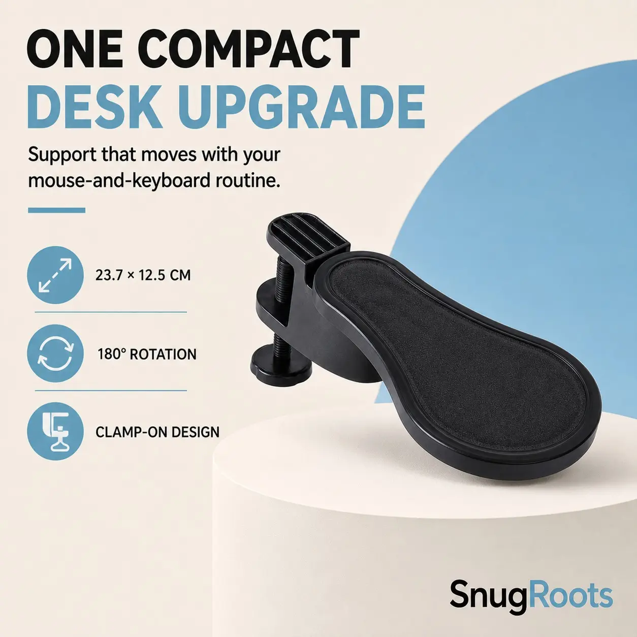 1 Pc Adjustable Computer Desk Armrest – Clamp-On Rotating Forearm Support, Ergonomic Elbow Rest, Mouse Arm Support, Keyboard Armrest, Wrist Support Pad and Desk Extension Support.