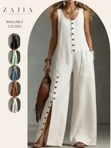 Women’s Sleeveless Button Front Wide Leg Jumpsuit, Casual Loose Fit Oversized Romper with Pockets, Summer Beach Travel, Linen Look