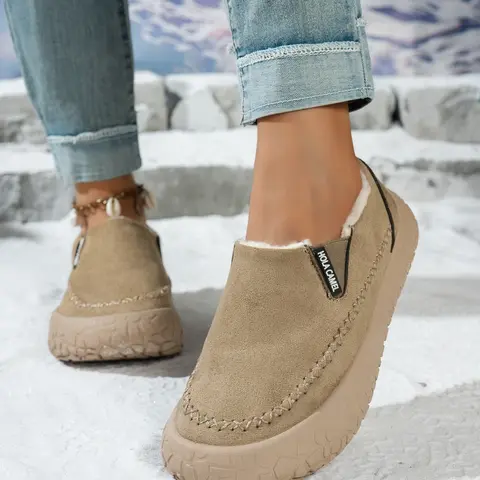 Women's Casual Thick Sole Slip-On Boots, Warm Textile Low Top Round Toe, Hand-Stitched Rubber Sole, Ideal for Winter Wear, Walking Shoes