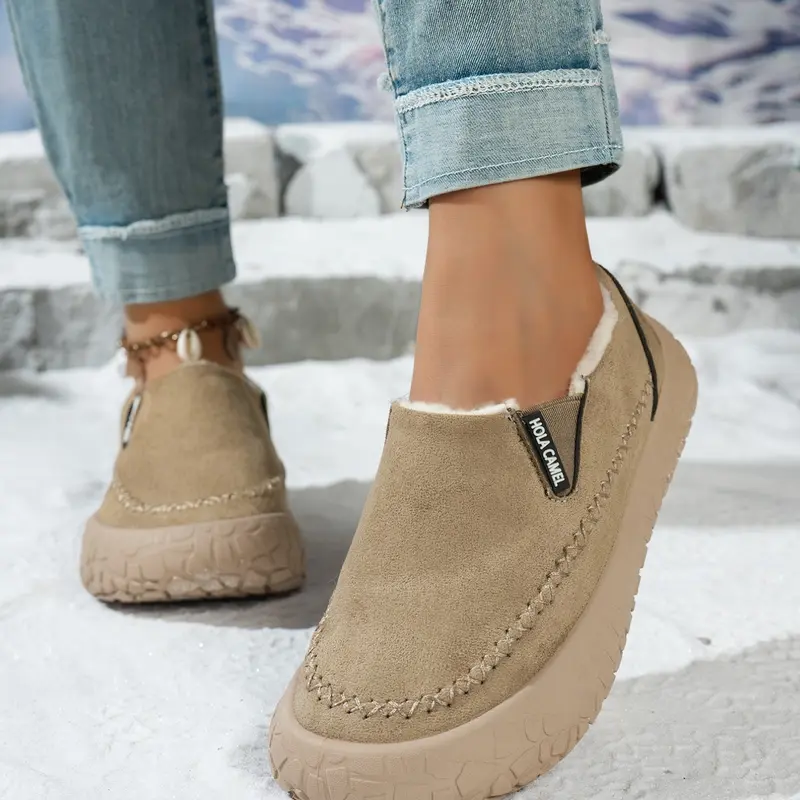 Women's Casual Thick Sole Slip-On Boots, Warm Textile Low Top Round Toe, Hand-Stitched Rubber Sole, Ideal for Winter Wear, Walking Shoes