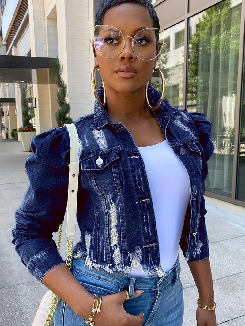 Women's Distressed Denim Jacket - Casual Black Cropped Jean Coat with Raw Hem & Puff Sleeves, Button- Style for Spring/Fall