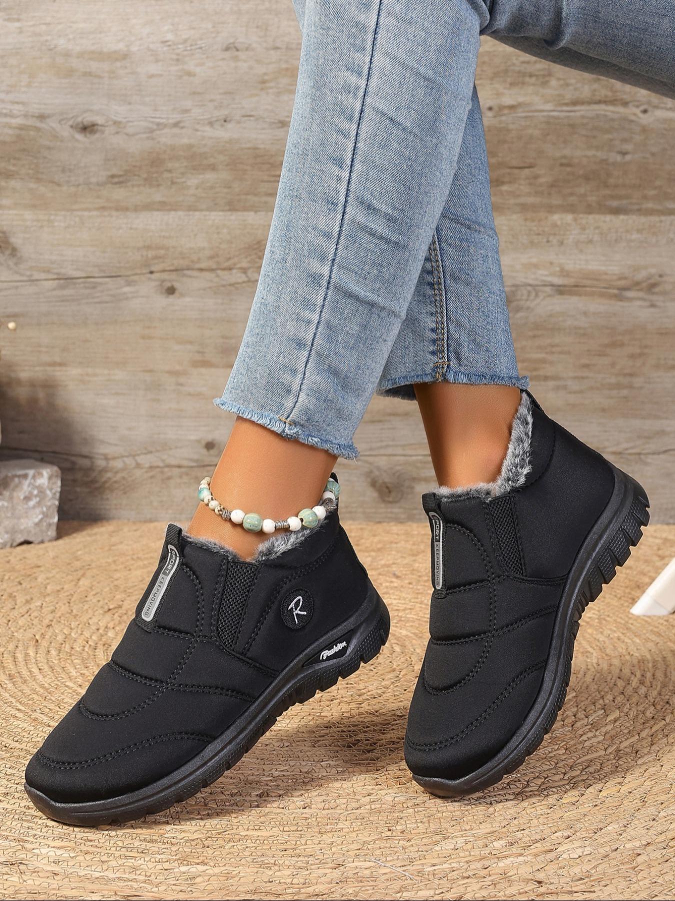 Women's Plain Color Plush Lined Ankle Boots, Slip-On Soft Sole Anti-Slip Snow Boots, Comfortable Warm Winter Flat Shoes for Home & Travel