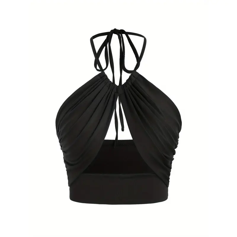 Women's Solid Ruched Back Halter Neck Slim-Fit Crop Top - Machine Washable Backless Crop Cami for Summer Beach Holiday Sports & Outdoor Wear