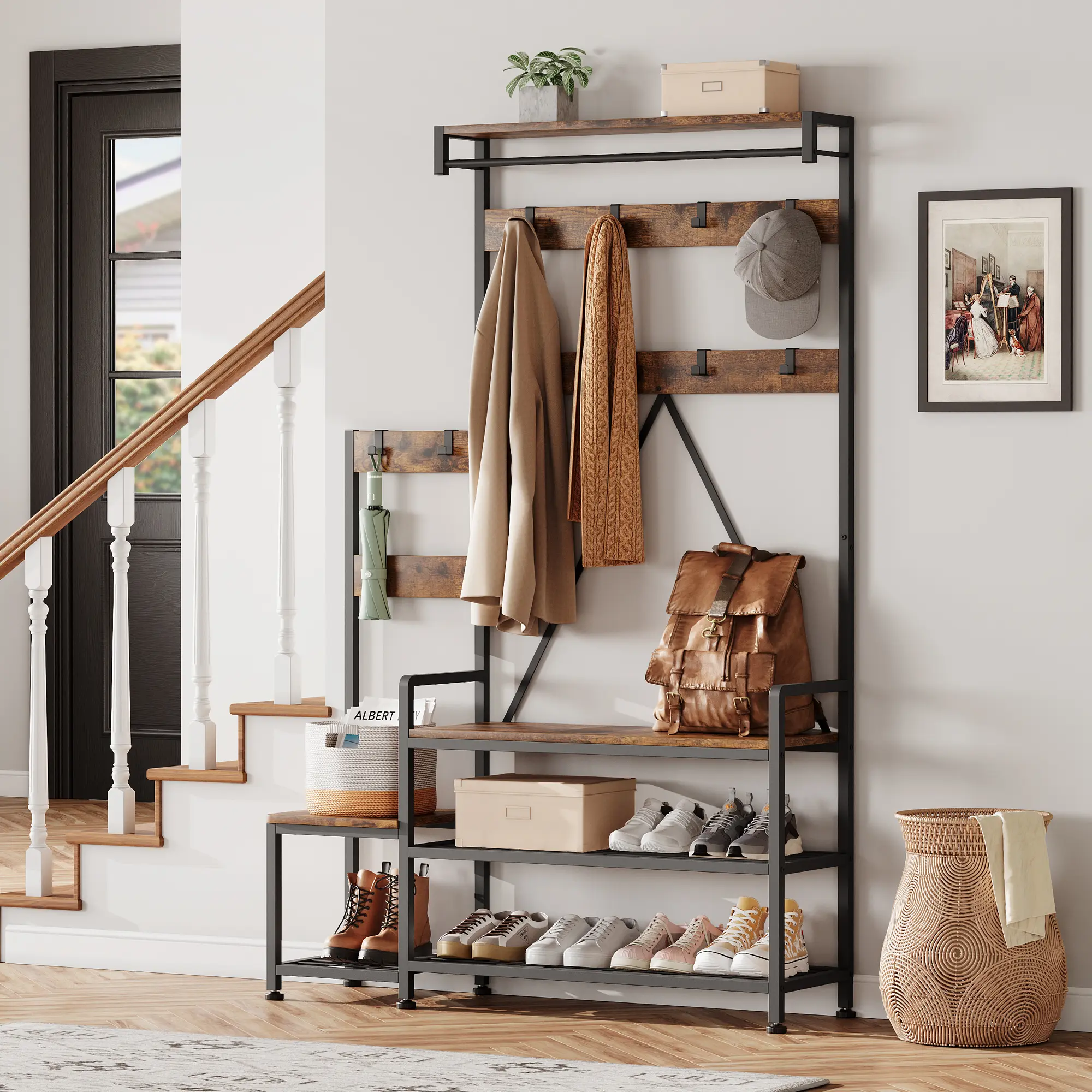 🧥 4-in-1 Coat Rack & Shoe Bench – 10 Hooks, 5-Tier Shelf, Sturdy Metal Frame, Wood Look Entryway Hall Tree for Hallway, Bathroom & Entryway! 🏡✨