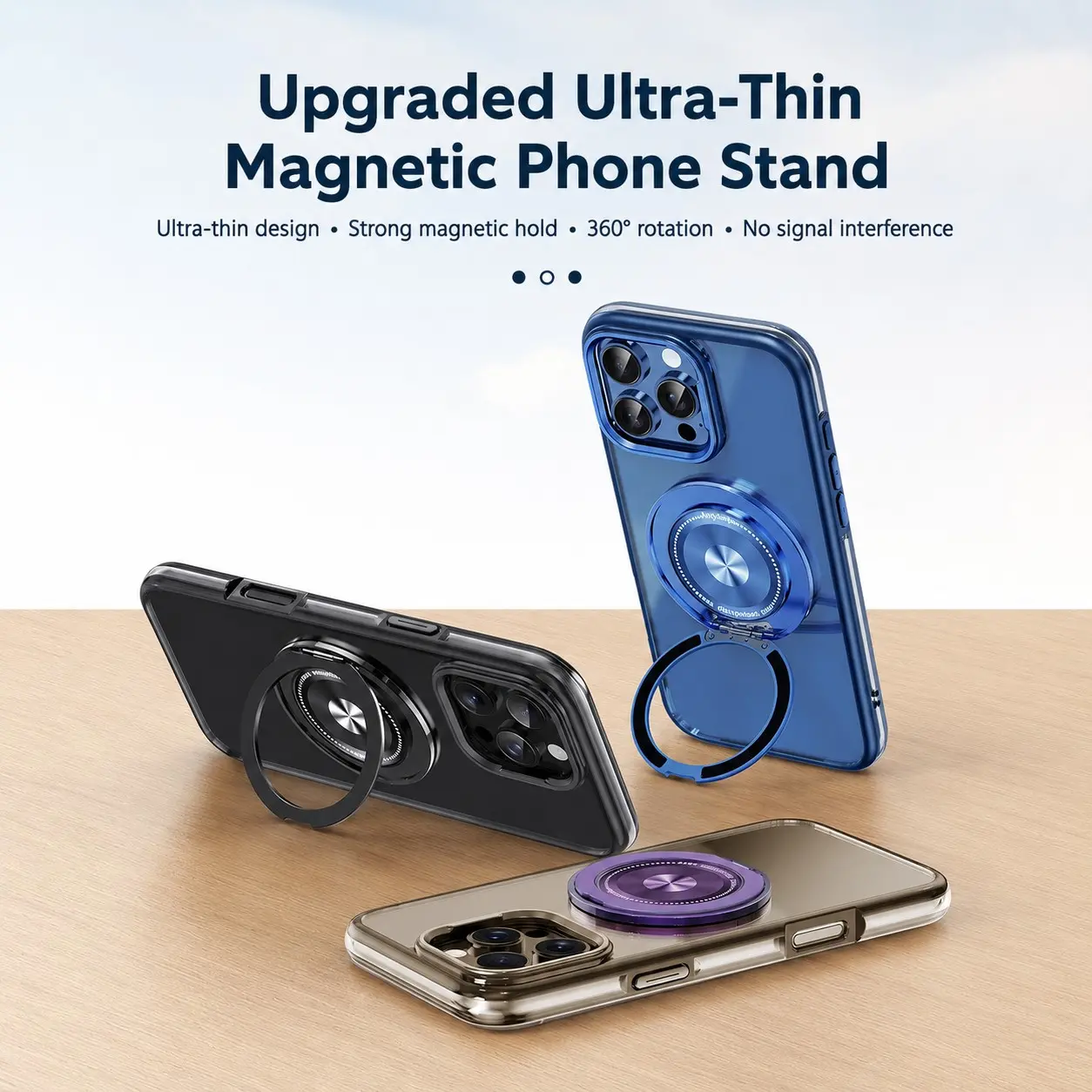 Ultra-Thin Magnetic Phone Ring Stand, Non-Slip Hand Grip, Desktop Streaming Support, Compatible with Magnetic Phone Cases