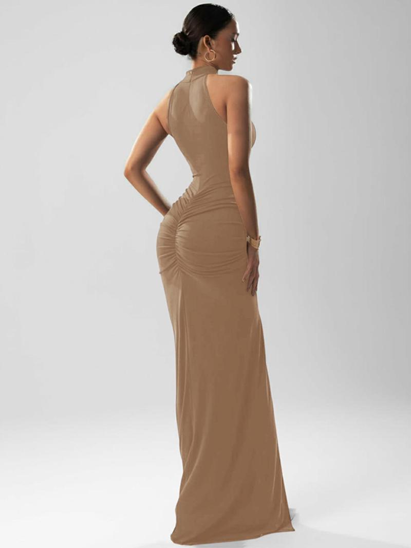 Women's Solid Ruched Halter Neck Bodycon Dress, Elegant Fashion Sleeveless Split Hem Dress for Party Club Dating Wear, Women Dress for Summer, Bodycon Side Slit