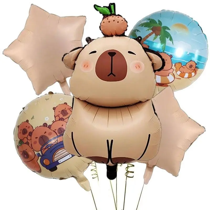 7-Piece Beach Vacation Capybara Balloon Set, Includes Hat, Turtle Back, Cake Design, Ideal for island beach birthday party decorations, summer picnics, children’s first birthdays, and beach/pool parties.Capybara-themed store decoration.