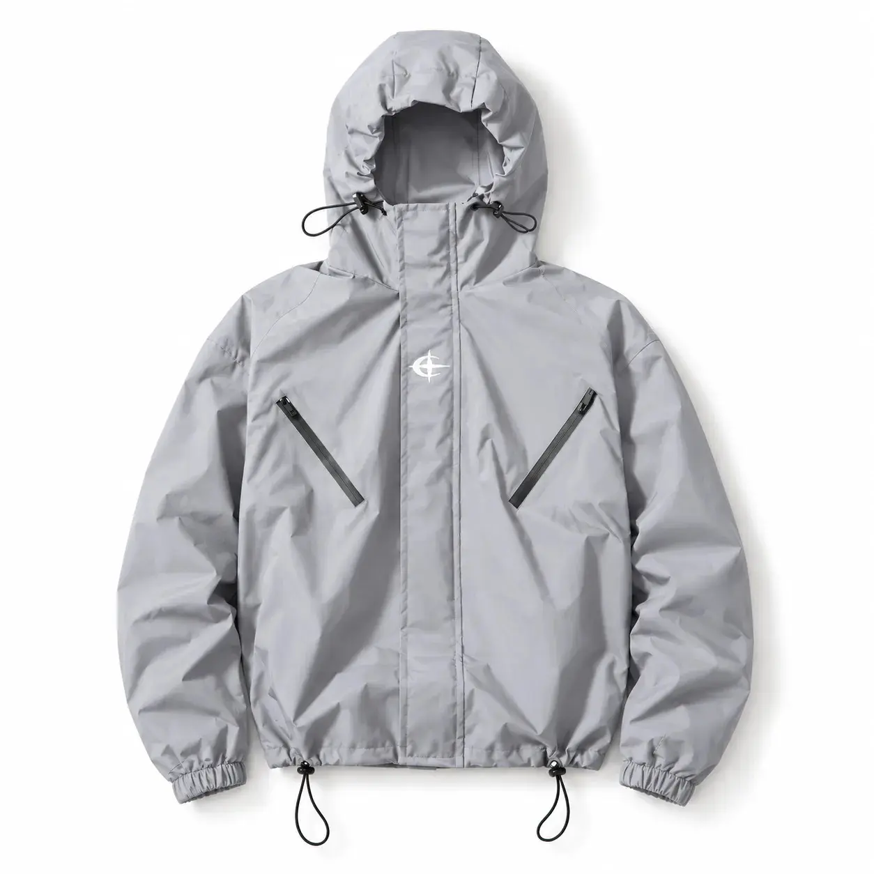 Men's Casual Plain Long-Sleeve Hooded Zip-Up Coat - Menswear with Zipper Pockets, Elastic Cuffs, Drawstring Hem