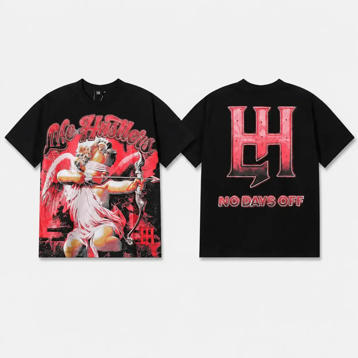Life Hustlers Rhinestone Masked Angel Archery Graphic T-Shirt, Y2K Gothic Streetwear Oversized Cotton Short Sleeve Crewneck Tee, Unisex Hip Hop Casual Birthday Christmas Gift Idea Top