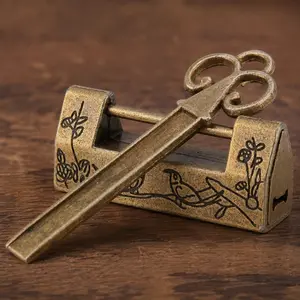 Antique Bronze Hand Carved Padlock, Medieval Style Decorative Locks for Jewelry Box Chest Cabinet Drawer, Vintage Wedding Decor & Rustic Home Gift, Brass Display Collectible Security Hardware