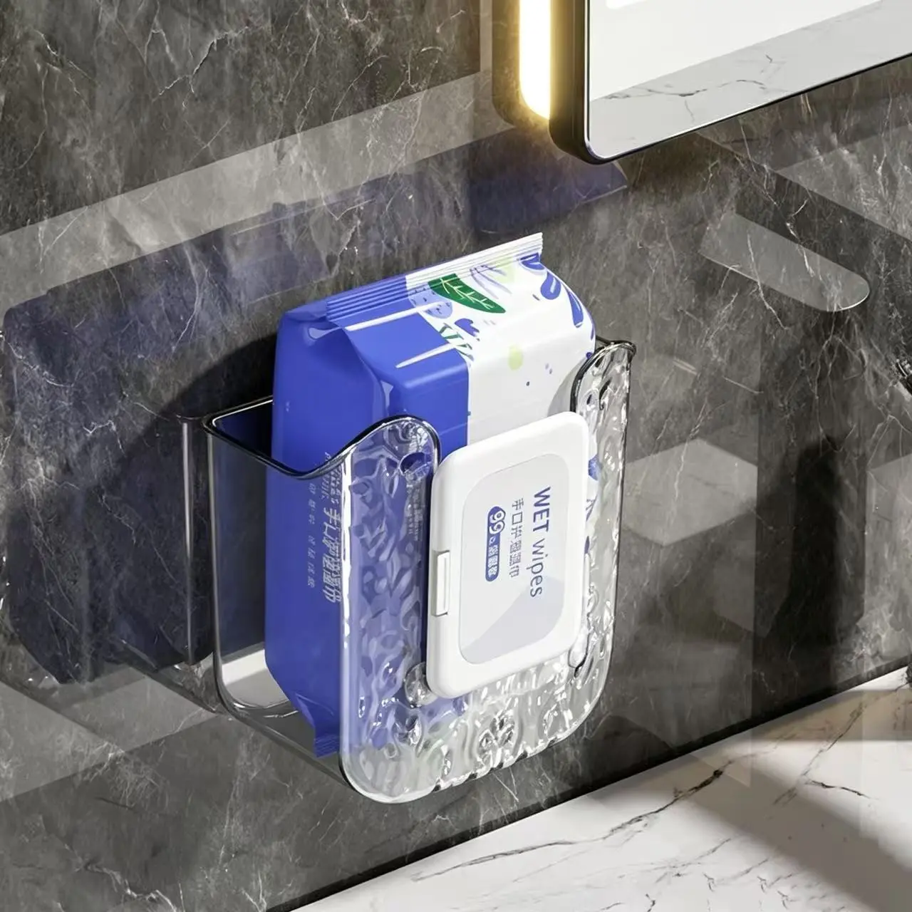 Wall-Mounted Wet Wipe Dispenser, Transparent Heavy-Duty Adhesive Storage Box, Wide Opening Design for Bathroom, Nursery, Campground, Modern Bathroom Accessory