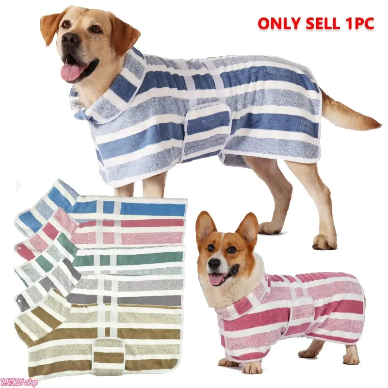 [SummerWins]Quick-Dry Dog Bathrobe, Striped Pet Robe, Super Absorbent, Adjustable Waistband, Ultra-Soft Fabric, Morning Wear, 1pc