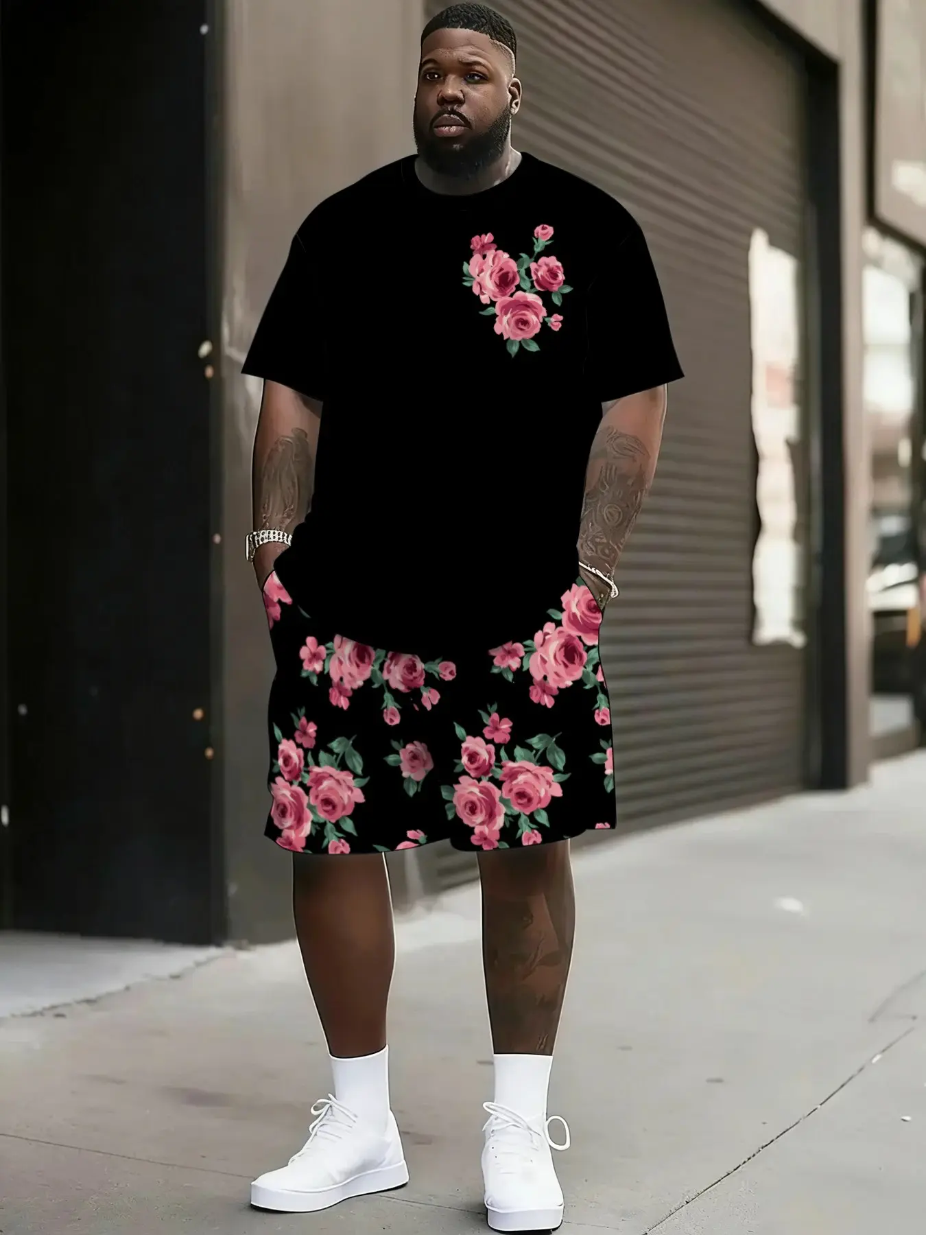 Men's Plus Size Full Print Knit T-Shirt and Track Shorts Set, Polyester Material, Summer Sports, Party, Travel Gift