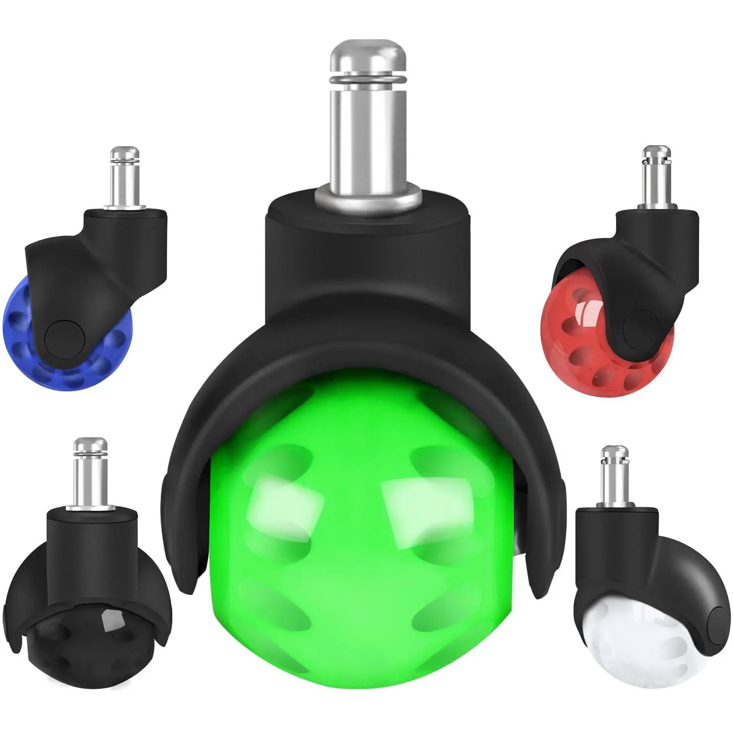 Polyurethane Multicolor Office Chair Wheels, 2 Inch Ball Caster Wheels for Carpet Mats, Set of 5, 7/16" (11mm) Grip Ring Stem Quiet Rolling Casters for Duty Desk & Gaming Chairs