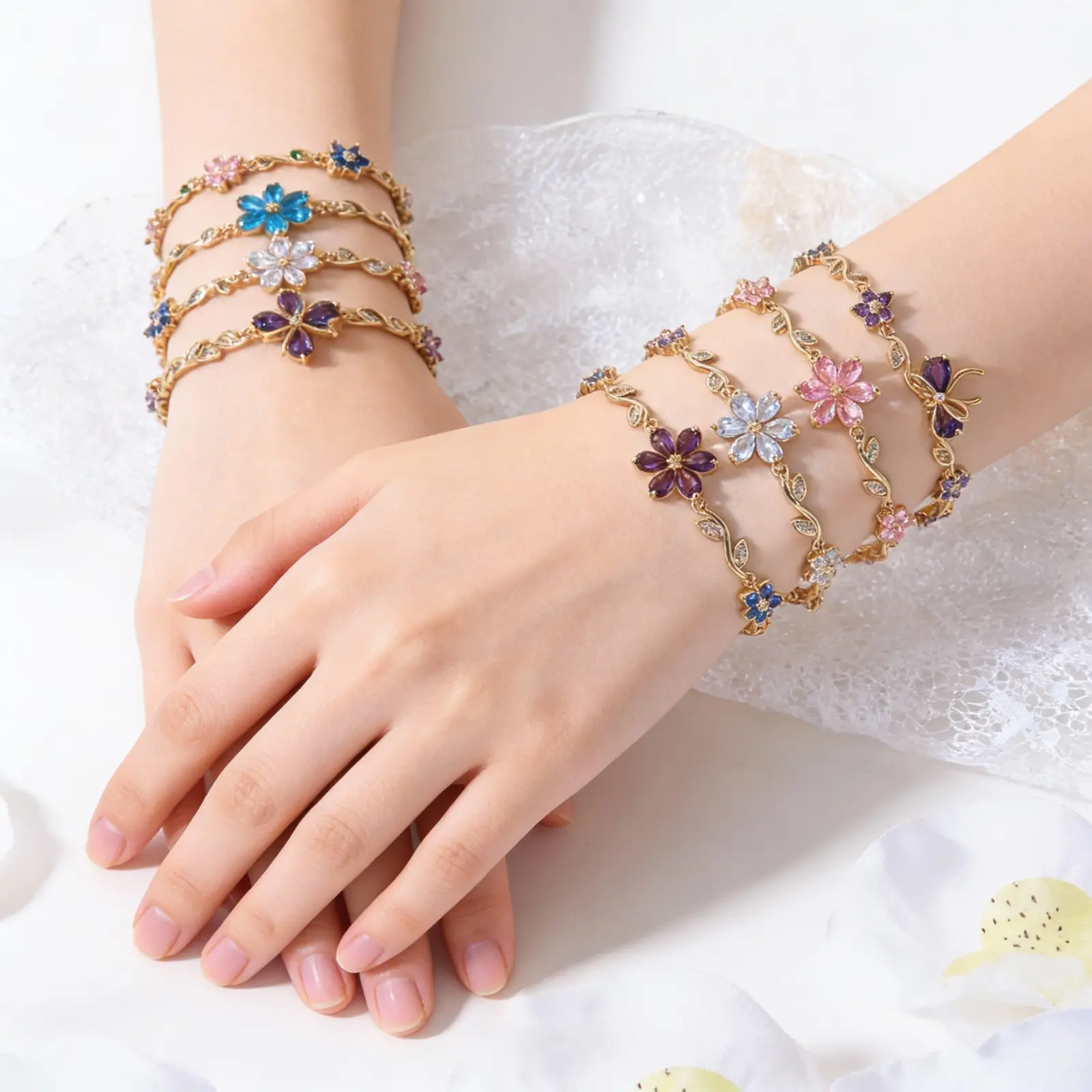 Women's Lightweight Wear Crystal Flower Bracelet - Gold-Plated Adjustable Chain Bangle with Colorful Zircon Cherry Blossoms, Elegant Wedding Gift Wrist Jewelry for Ladies, Bracelets, Crystal Flowers, Whimsical, Wedding Gift Ideas