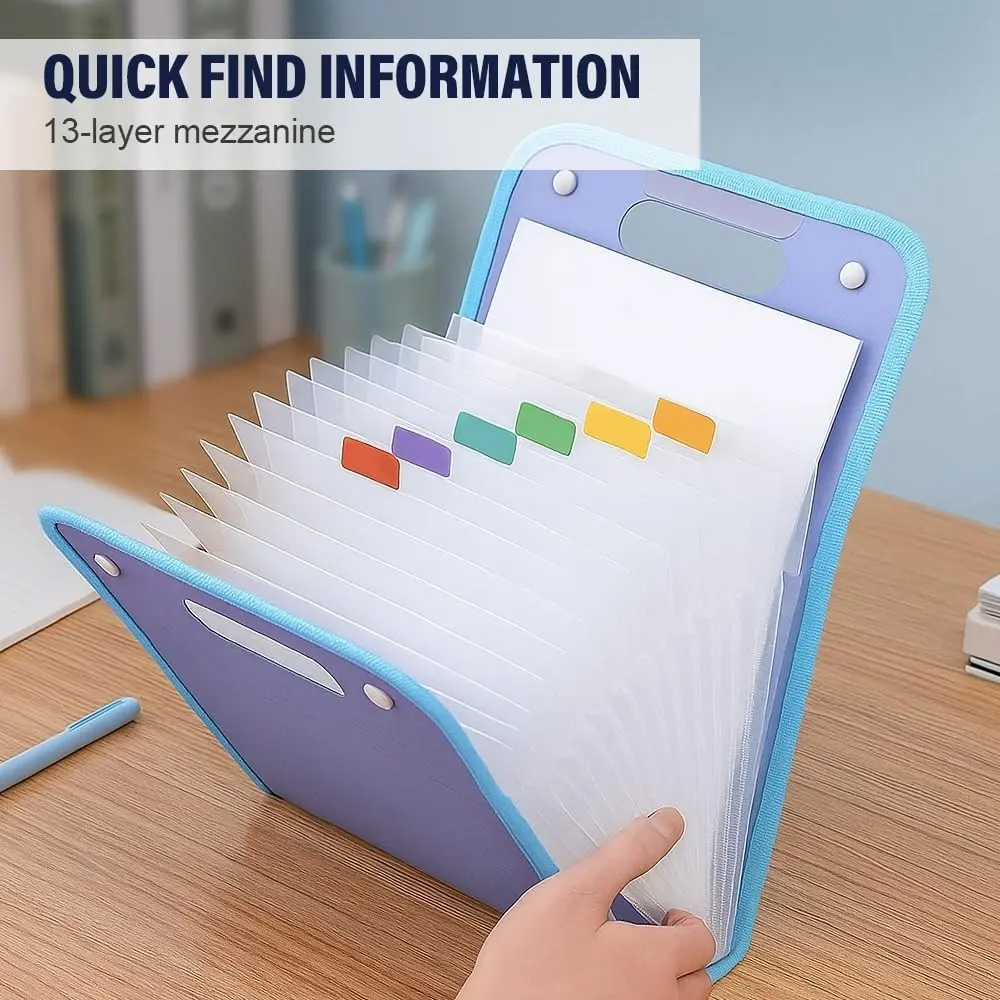 A4 File Folder with 13 Pockets, Multi Pocket Folder, Document Folder, Folders for Documents, Expandable Vertical Organizer, Portable Receipt Holder, Office School Use, Office Supplies, Cute Color, 9.61x14.76 Inches