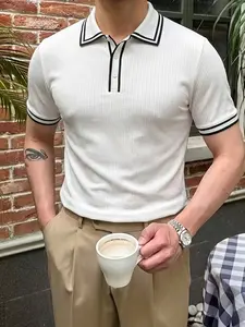 Summer Men's Vertical Stripe Polo Shirt, Contrast Slim Fit Business Casual Short Sleeve, Stylish and Comfortable