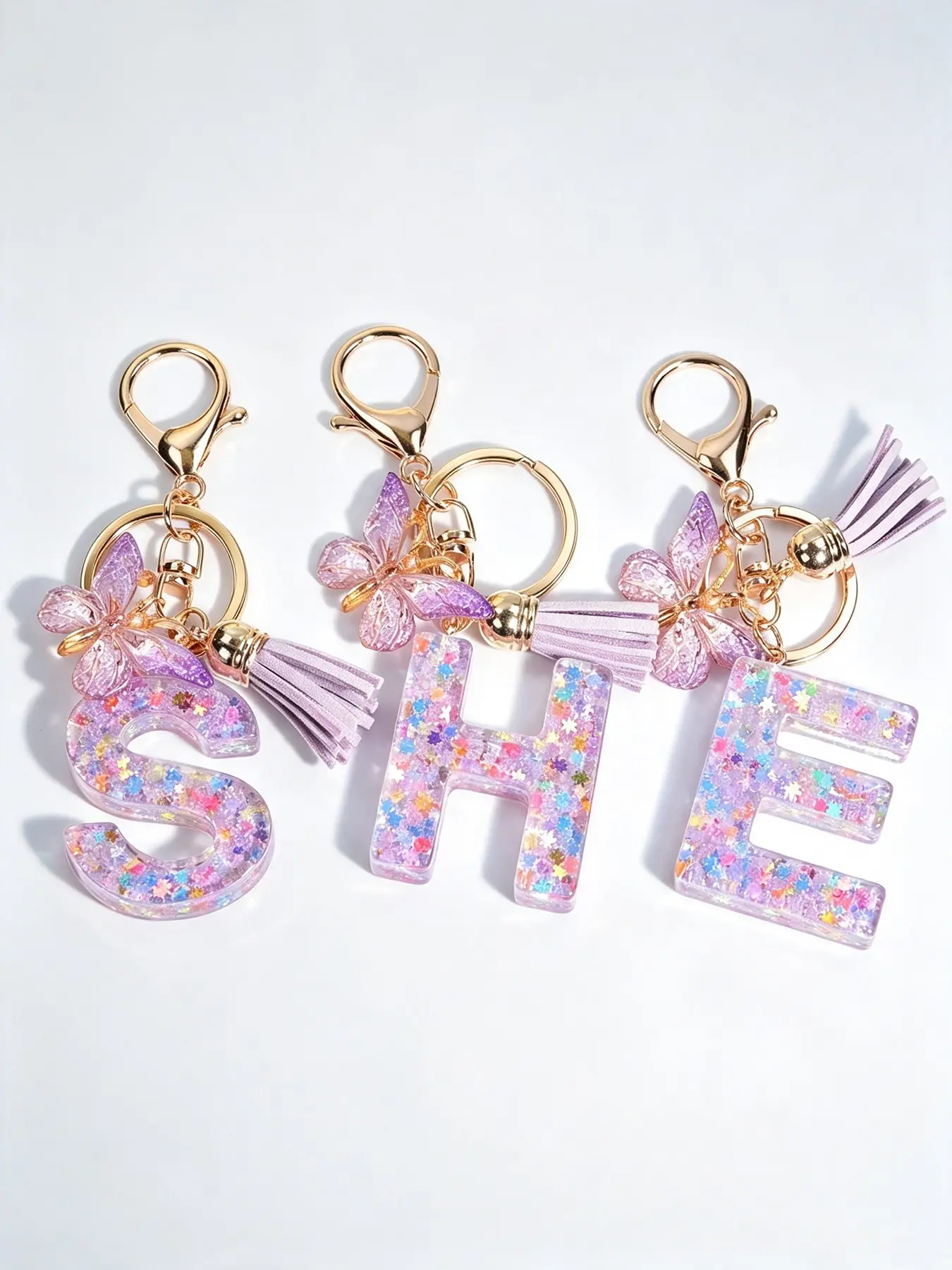 Shiny Snowflake Sequin Letter Keychain, Colorful Butterfly Girl Backpack Charm, Fringe Pendant, Casual Style, No Choking Hazard