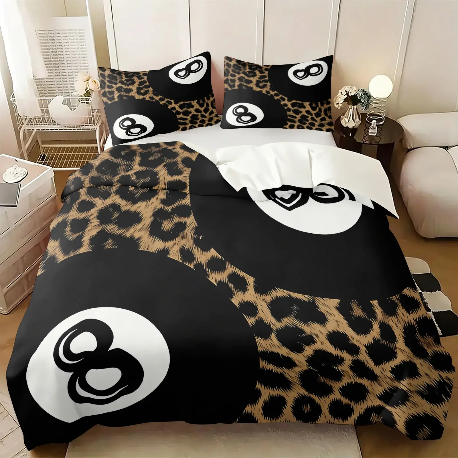 Vintage Leopard Print Lucky 8‑Ball Duvet Cover Set, Breathable Bedding Sets, 1 Duvet Cover & 1‑2 Coreless Pillowcases, Black‑Brown Leopard Fur‑Texture Prints, Bedding Set, Soft Breathable All‑Season Fabric, Y2K Street‑Trend Bedroom Decor
