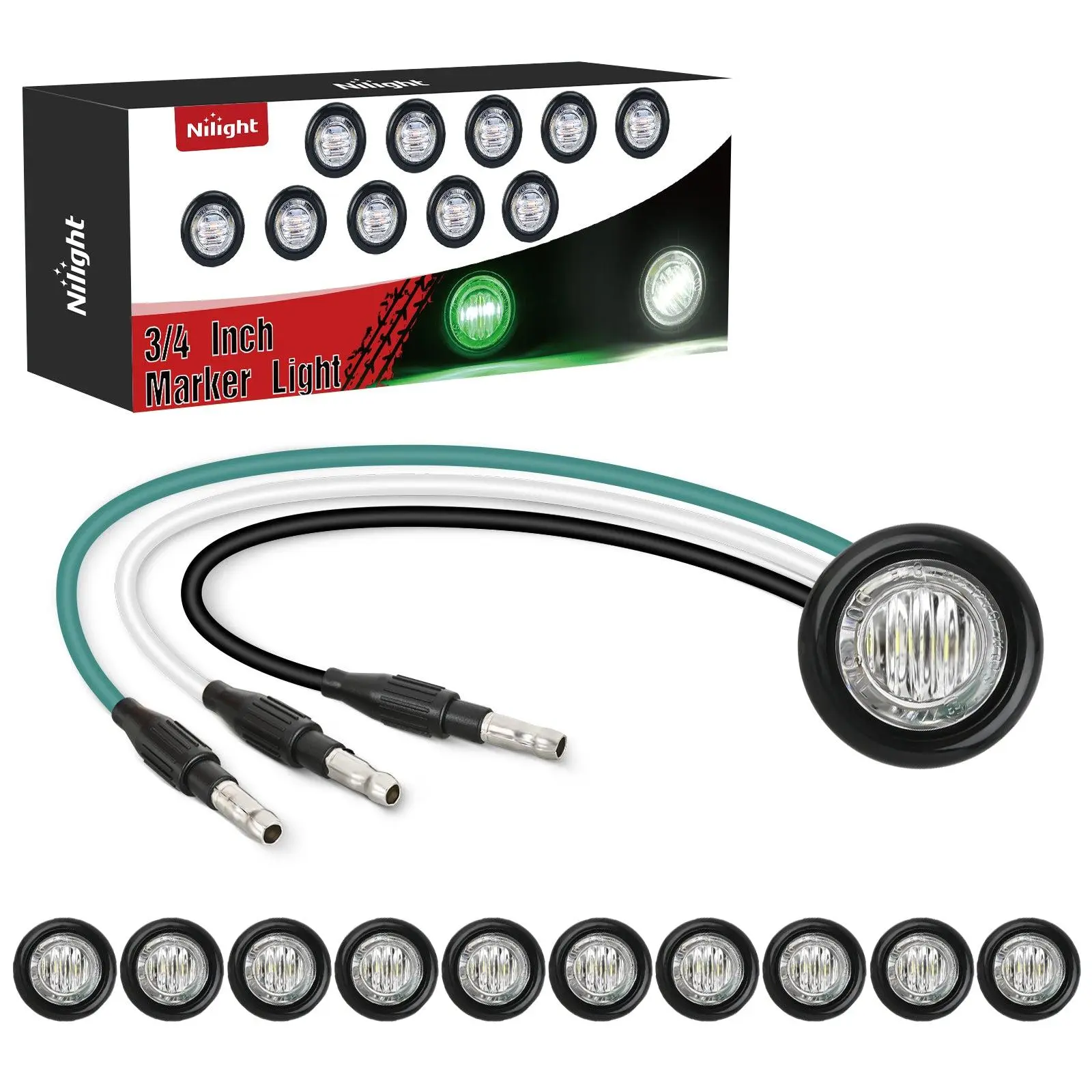 Nilight 3/4-Inch Dual Color Marker Lights (10PCS), Green to White Auxiliary Side Markers with 3-Plug Connector, IP68 Rated Reinforced PC Parking/Lights, Plug & Play Waterproof for Trailer Truck RV