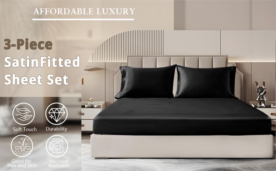 3-Piece Set Queen Fitted Sheet & 2 Pillowcase, Black Soft Fitted Bottom Sheet, Wrinkle Free, Fade Resistant, Deep Bed Sheet (Deep Up to 15")