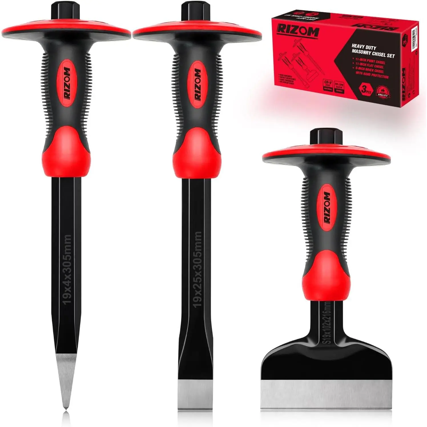 Chisel set with hand protection, including 3 stone and rock chisels, as well as heavy-duty masonry tools, including 11inch pointed chisels and flat chisels, and 8inch masonry chisels