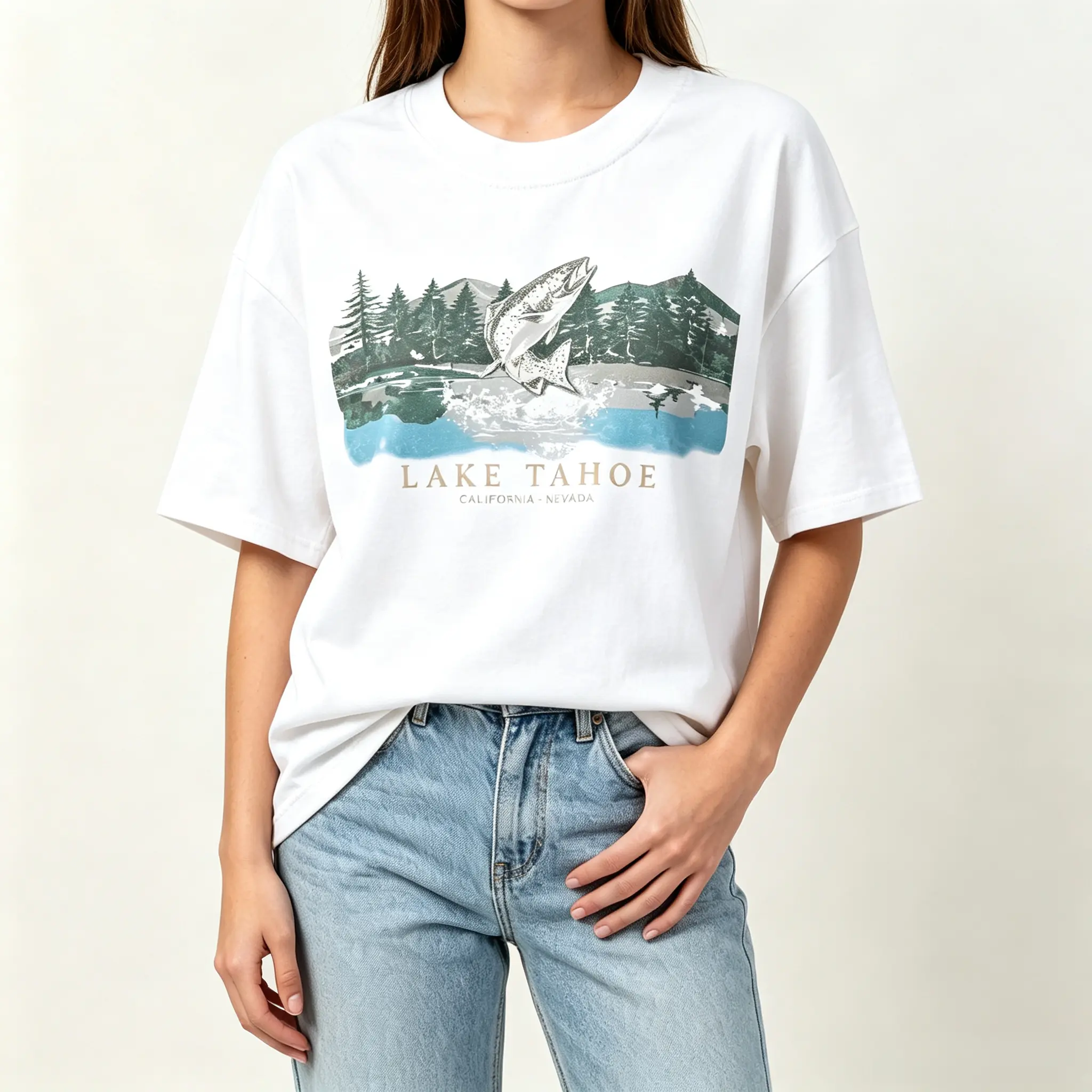 Vintage Lake Tahoe Fish Graphic Polyester Oversized Short-Sleeve Sports Top - Knitting Ditsy Embroidery, Outdoor Lover Vacation Aesthetic Distressed Tee, Party Gift (Sports & Outdoor Clothing)