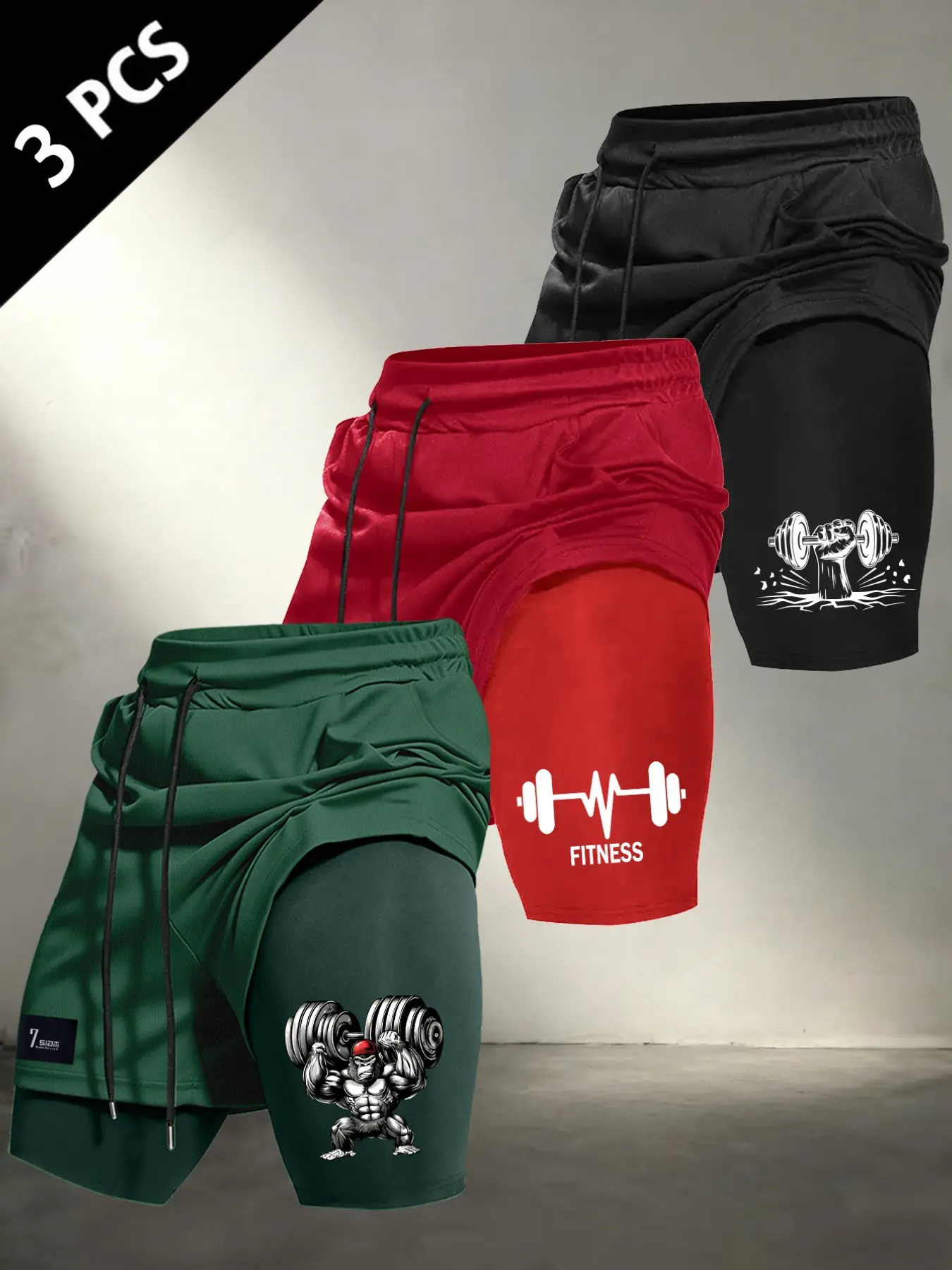 Men 2-in-1 Double Layer Athletic Shorts, Athleisure Casual Shorts, Drawstring Loose Fit Fitness Graphic Print Breathable Gym Workout Running Casual Streetwear Training Shorts, Drawstring Sports Shorts, Drawstring Active Shorts