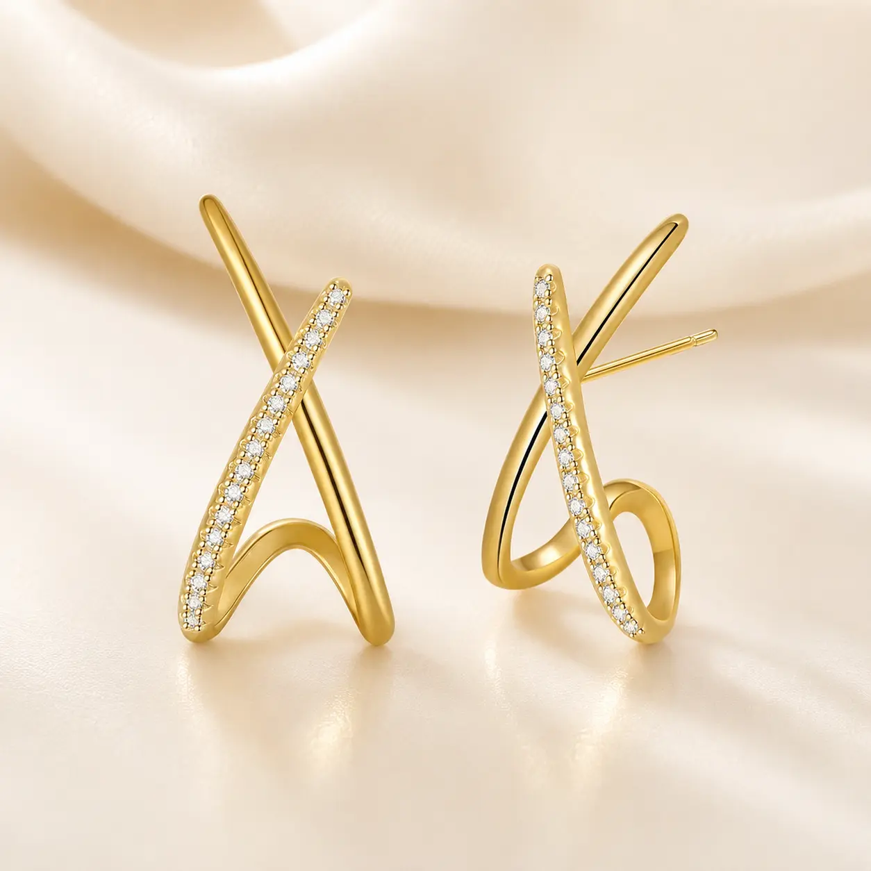 Women's Minimalist X-Silhouette Stud Earrings, Curved Lines Plated-Finish Copper Earrings with Zircon Stones, Gold-Silver Tone Everyday Fashion Costume Jewelry, Earrings For Women