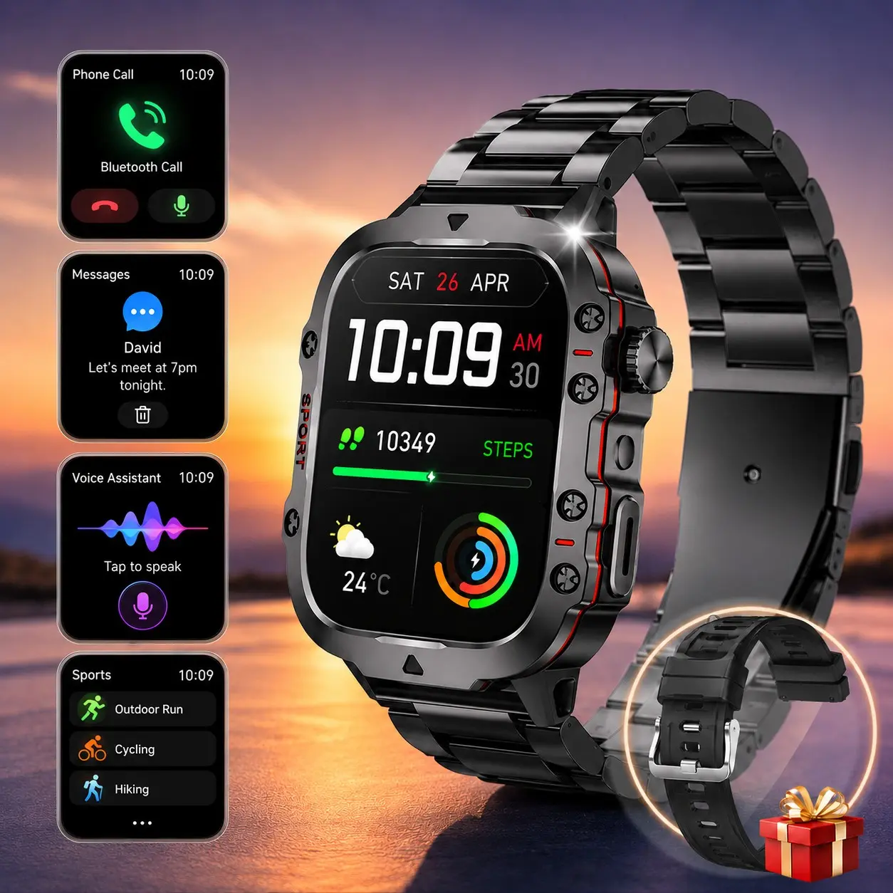 New Smart Watch Unisex, Wireless Call Sms Alert, Multiple Sports Modes, Remote Camera Control, Step Counter, USB Charging, Compatible with iPhone Android, Holiday Gift