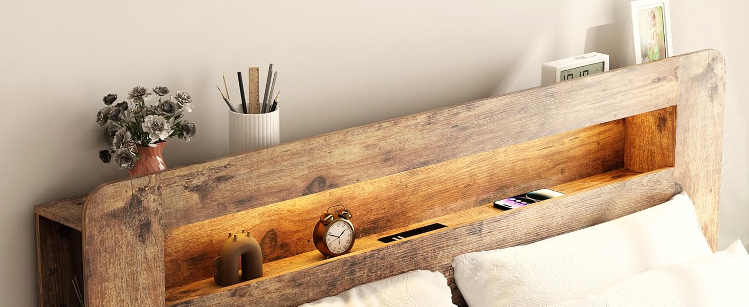 ARCH Wooden Bed Frame Queen Size with Storage Headboard, Farmhouse Platform Bedframe with Bookcase Shelf & Led Lights, Sturdy Wood Slat Framework Bed Frame (Rustic Brown)