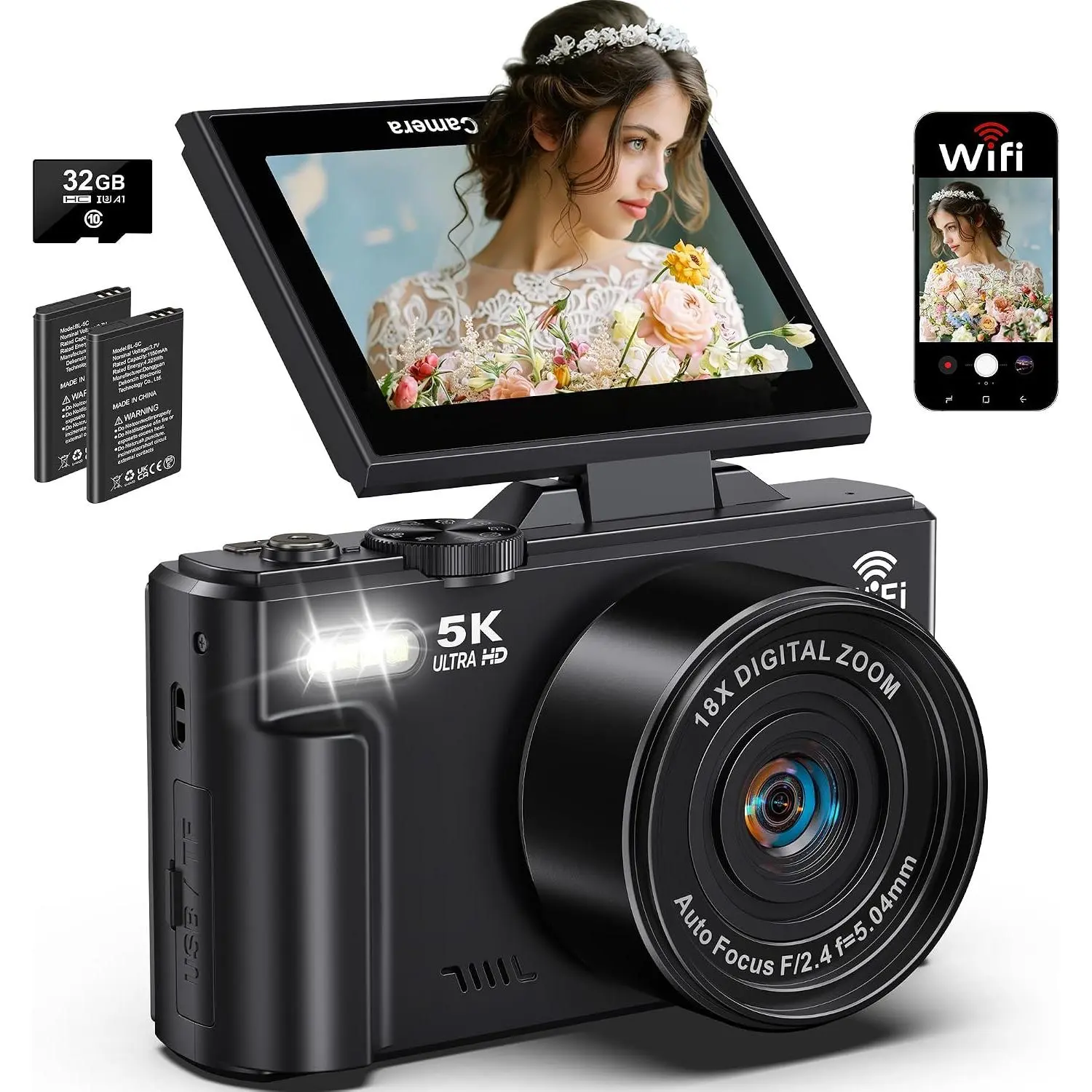 5K Digital Camera for Photography, 75MP WiFi Vlogging Camera for YouTube with 3" 180° Flip Screen, 18X Zoom UHD Autofocus Video Camara with 32GB SD Card, 2