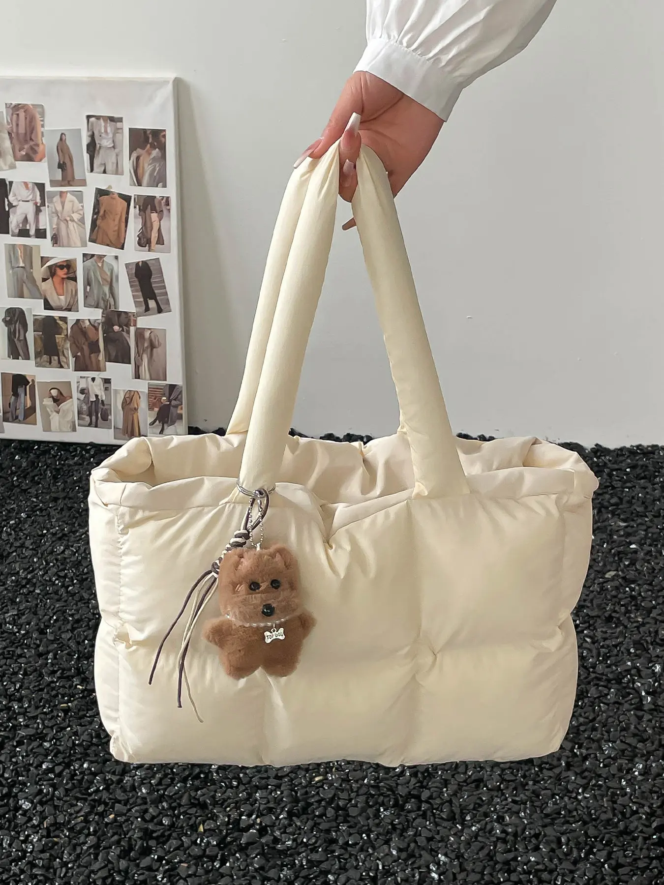 1Pc Cream Quilted Puffy Tote Shoulder Bag Casual Handbags Soft Padded Large Capacity Handbag with Fluffy Bear Pendant, Wide Thick Shoulder Straps Open Top Casual Commuter Bag For Daily Shopping and Outings