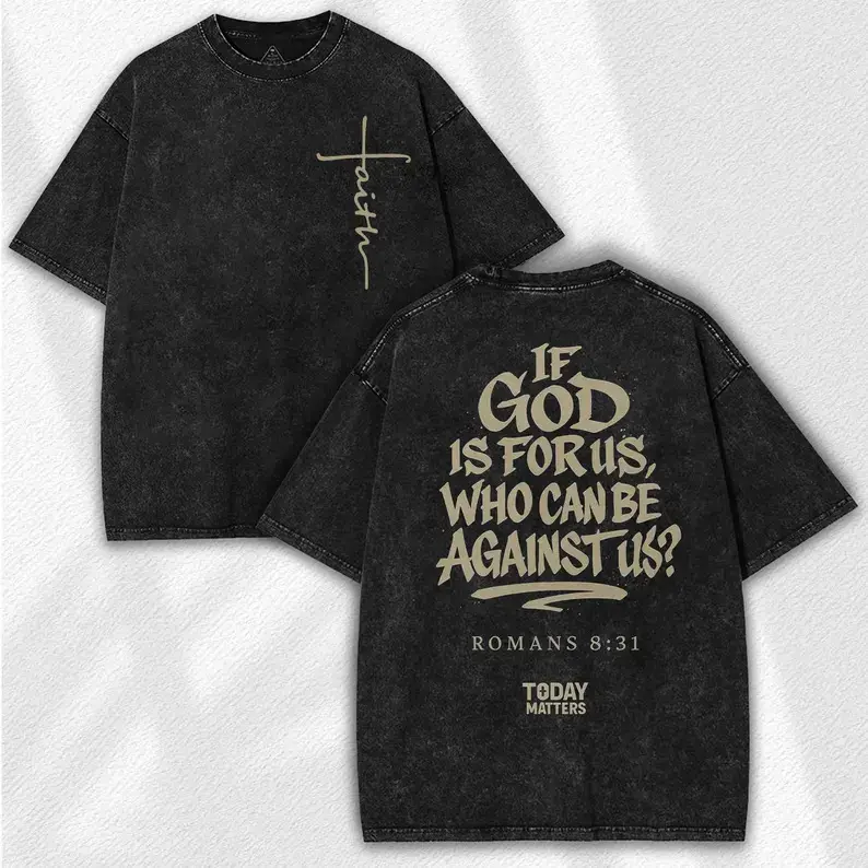 Men's Trendy Washed Black Faith Cross Graphic Tee – Romans 8:31 Scripture Shirt,Men's Casual Street Style T-Shirt,Casual Daily Wear Summer Top,Comfortable & Breathable Material,Suitable for the Gym, Sports