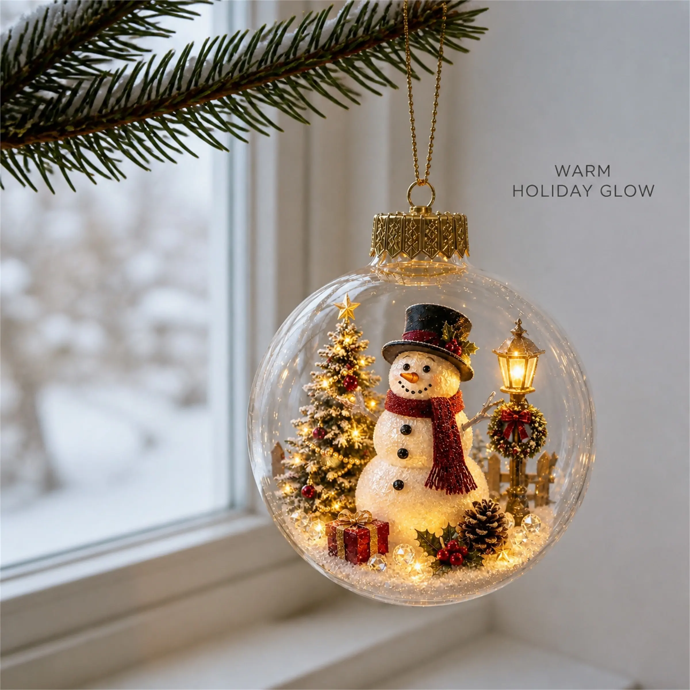 Christmas Tree Glowing Ball Ornament, Warm Lights with Reindeer Snowman Santa Snow House Design, Perfect for Holiday Parties and Winter Gifts
