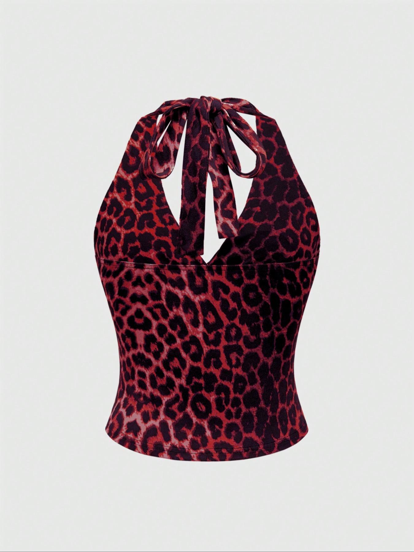 Women's Leopard Print Fitted Tie Back Feature Tank Top, Casual Sleeveless Top for Summer, Ladies Clothes for Daily Wear