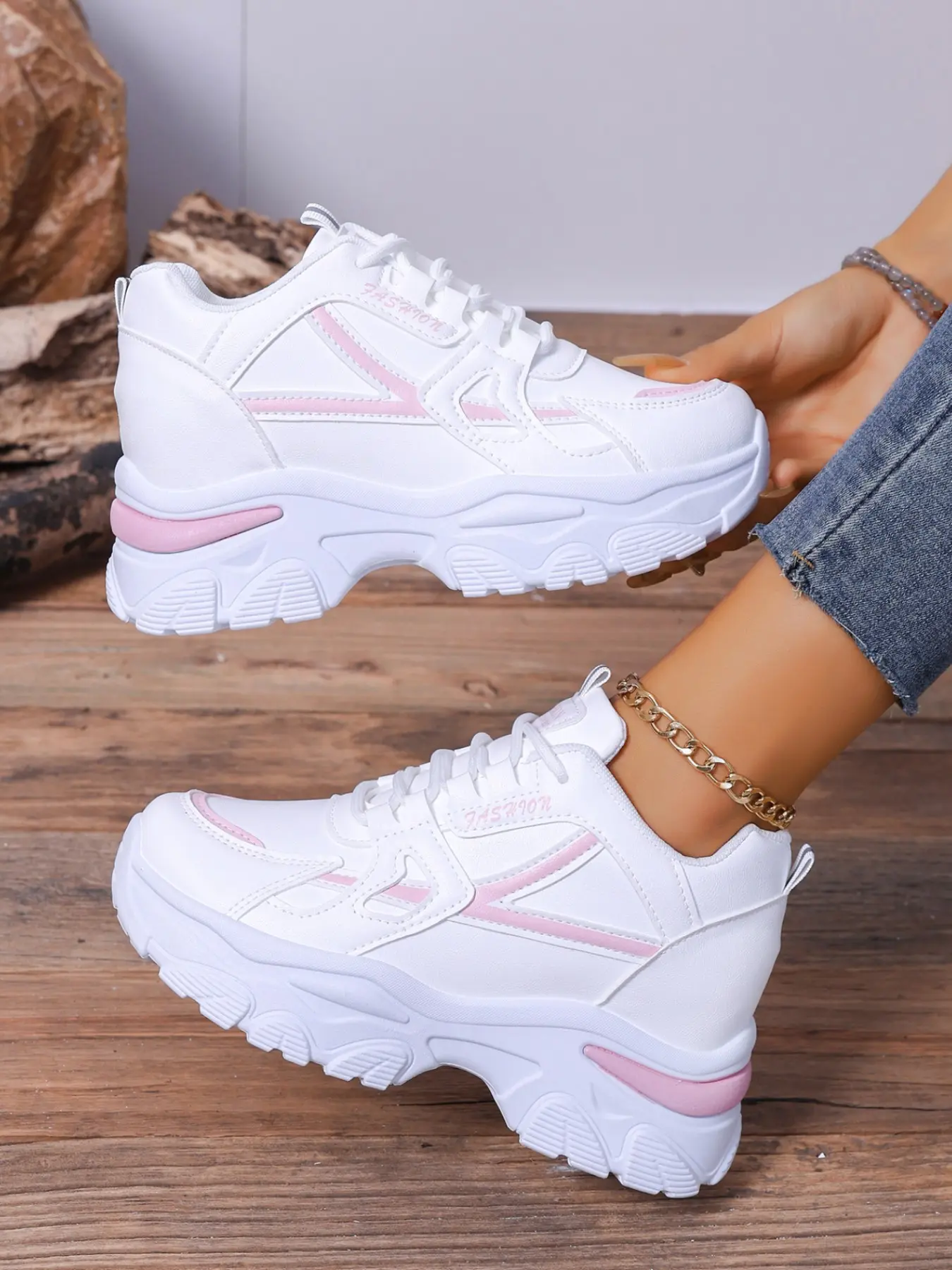 Women's V-Shape PU Strap Invisible Height-Increasing Thick Sole Dad Shoes, Walking Shoes, All-Season Waterproof Lightweight Casual Sneakers