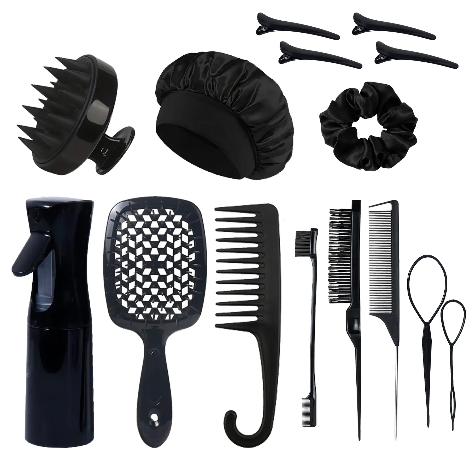15-Piece Hair Care Kit, Home Styling Tool, Hollow Hair Brush, Styling Comb, Massage Brush, Sleep Cap, Spray Bottle, Hair Clips, Elastic Bands, Braiding Tools