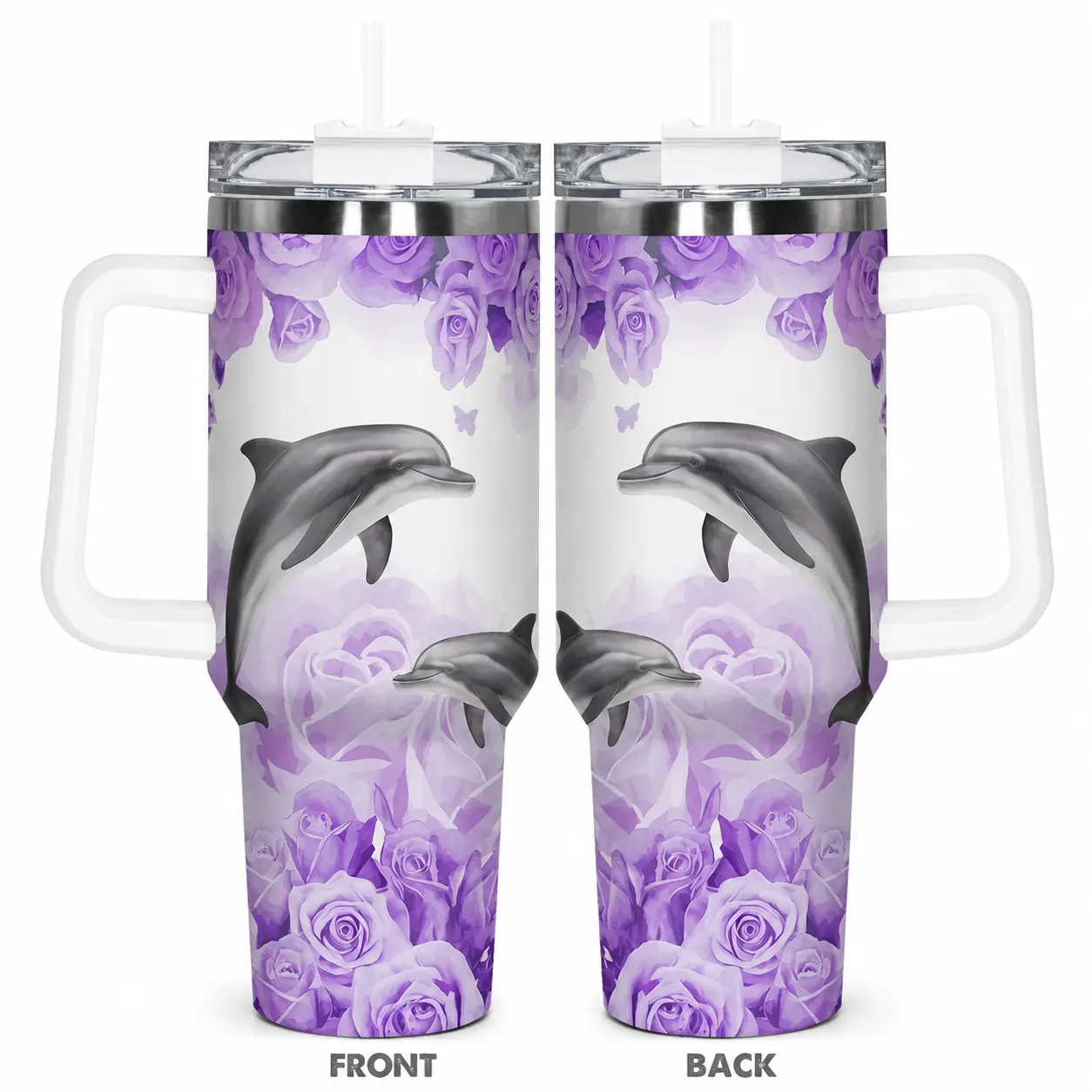 Dolphin and Purple Rose 40oz Stainless Steel Insulated Tumbler with Handle and Straw, Floral Marine Life Printed Travel Cup,Gift for Women